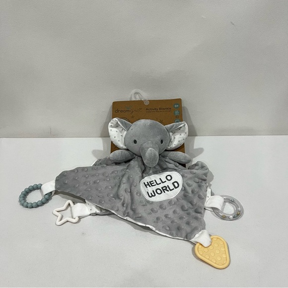 Dreamgro Gray Elephant Activity Blankie Lovey Plush Blanket 14" HELLO WORLD - Picture 1 of 10
